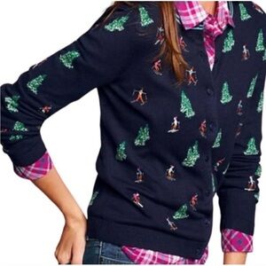 Talbots- Cotton/cashmere blend “Skiers & Trees” Cardigan Sweater Navy Women’s XS